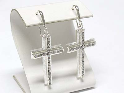 Crystal scratch metal cross earring - brass metal