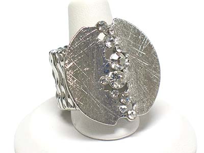 Crystal accent scratch metal fashion ring - adjustable - brass metal