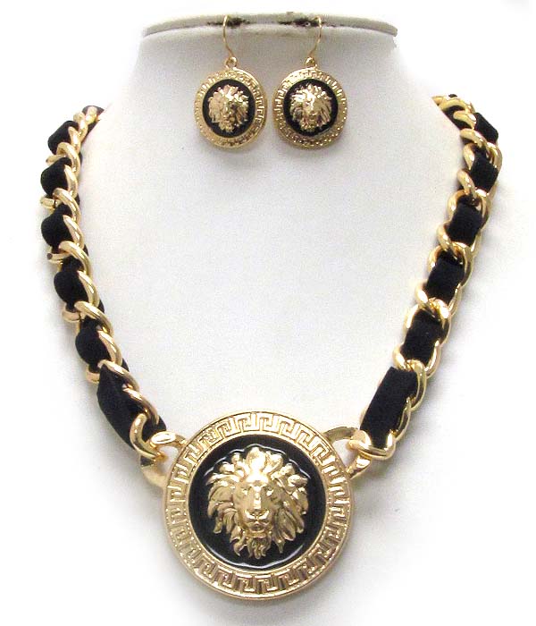 Lion head disk and suede and metal chain rihanna style necklace earring set