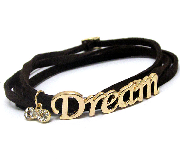 Crystal infinite accent dream message leatherette wrap bracelet