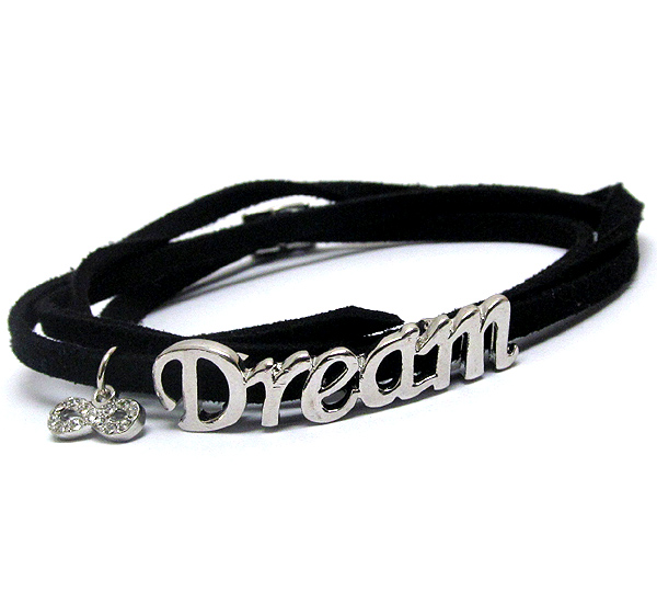 Crystal infinite accent dream message leatherette wrap bracelet