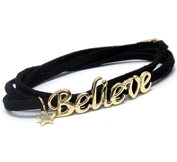 Crystal star accent believe message leatherette wrap bracelet