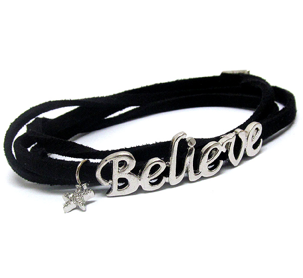 Crystal star accent believe message leatherette wrap bracelet