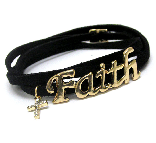 Crystal cross accent faith message leatherette wrap bracelet