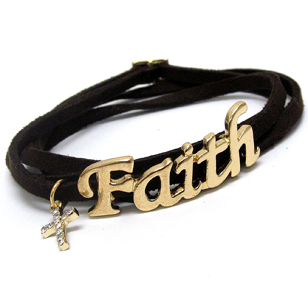 Crystal cross accent faith message leatherette wrap bracelet