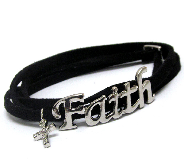 Crystal cross accent faith message leatherette wrap bracelet