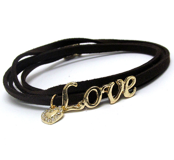 Crystal heart accent love message leatherette wrap bracelet