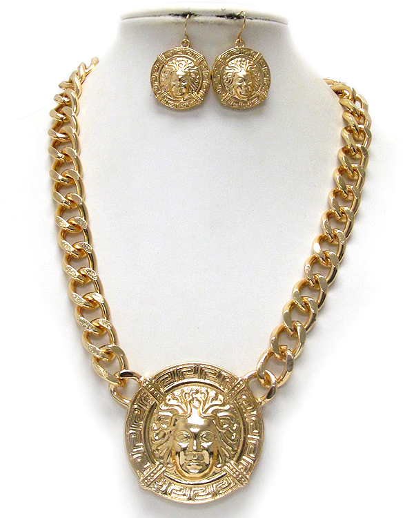 Lion head metal disk and thick chain rihanna style necklace earring set