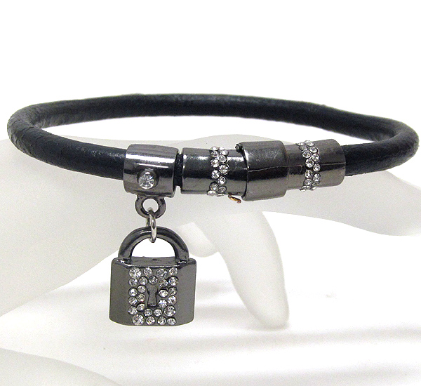 Crystal both side lock charm and leatherette band magnetic bracelet