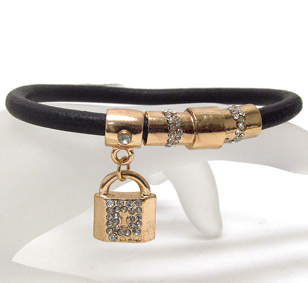 Crystal both side lock charm and leatherette band magnetic bracelet