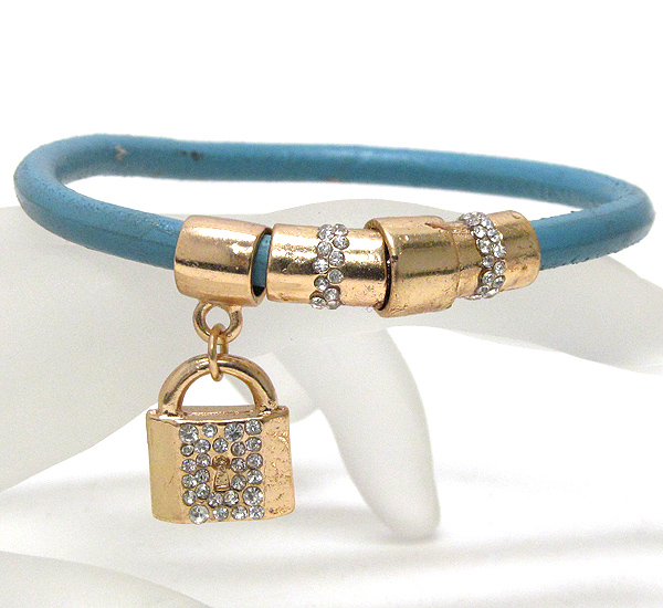 Crystal both side lock charm and leatherette band magnetic bracelet