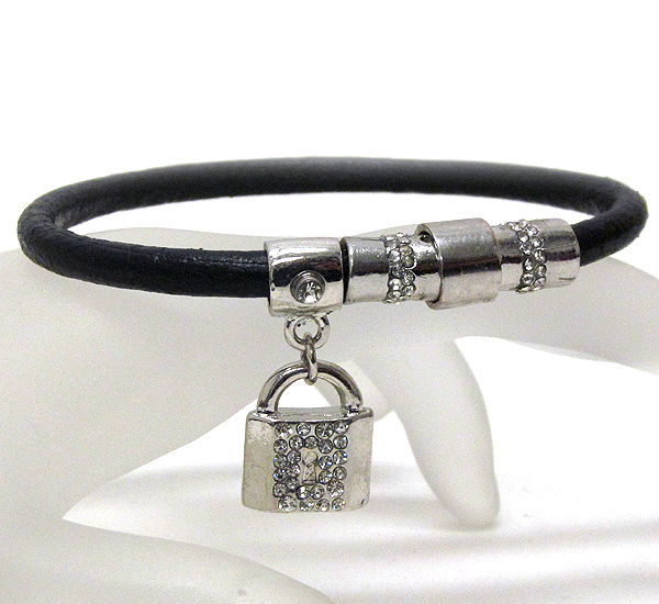 Crystal both side lock charm and leatherette band magnetic bracelet