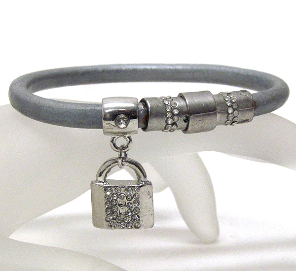 Crystal both side lock charm and leatherette band magnetic bracelet