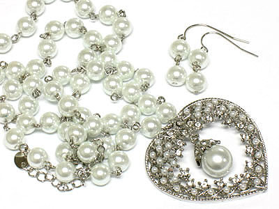 Crystal and beads deco heart and pearl drop neckalce and earring set