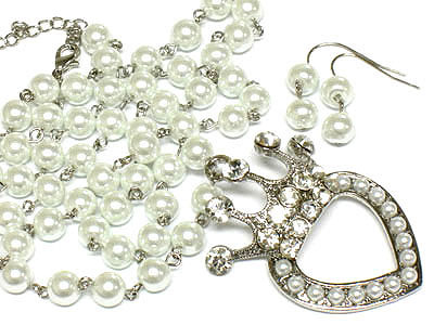 Crystal and beads deco heart and crown pearl neckalce and earring set