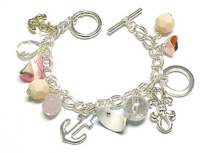 Nautical sea shell disk and anchor charm bracelet