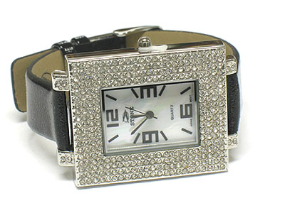 Crystal surround square shell face and leather band watch