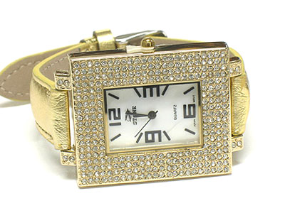 Crystal surround square shell face and leather band watch