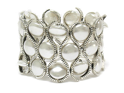 Triple line pearl beads and casting metal stretch bracelet