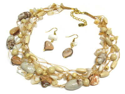 Multi strands precious stone and acryl bead mix necklace and earring set