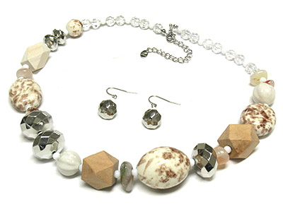 Precious glass beads and facet cut wood and acrylic bead necklace and earring set