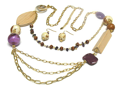 Multi strands glass ball and multi woo deco long necklace and earring set  