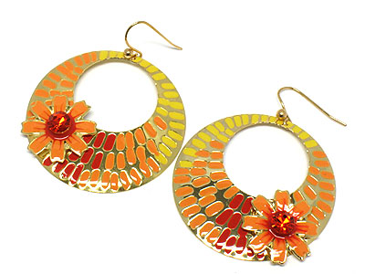 Spring color painted round disk with crystal flower earring 