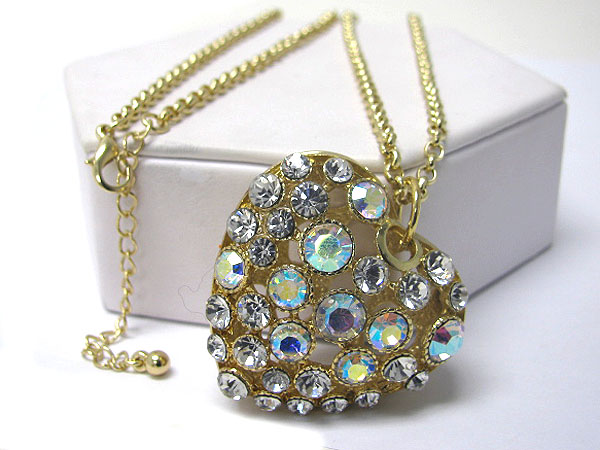 Multi crystal stud puff heart pendant long necklace