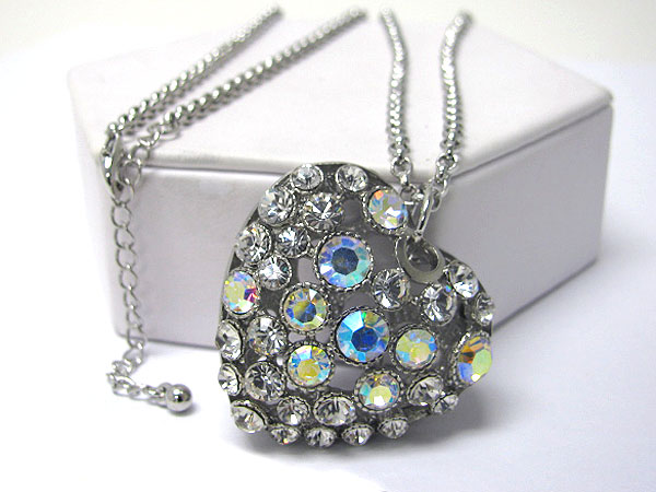 Multi crystal stud puff heart pendant long necklace