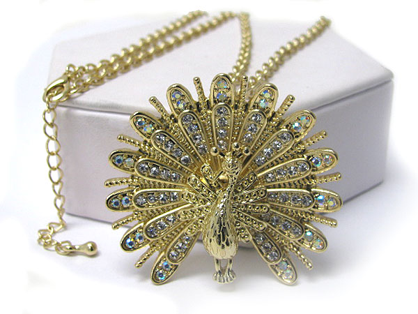 Crystal deco large peacock long necklace