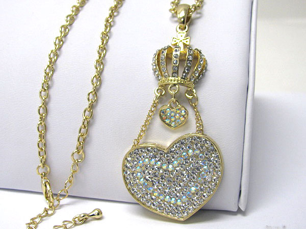 Crystal stud crown and heart drop long necklace