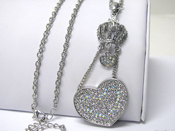 Crystal stud crown and heart drop long necklace