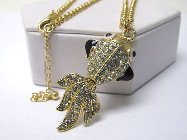 Crystal stud 3d large golden fish pendant long necklace