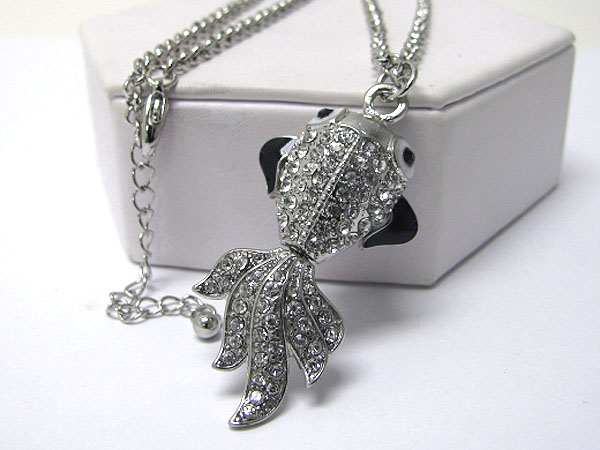 Crystal stud 3d large golden fish pendant long necklace