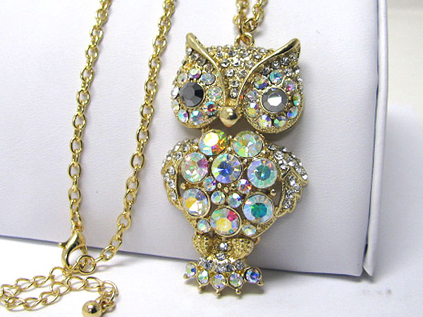 Multi crystal stud large owl pendant long necklace