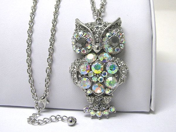 Multi crystal stud large owl pendant long necklace