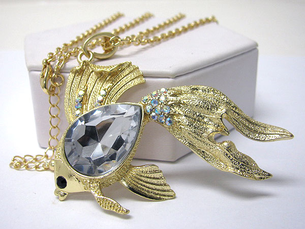 Crystal deco large golden fish long necklace 