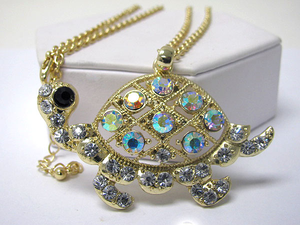 Multi crystal deco large turtle pendant long necklace