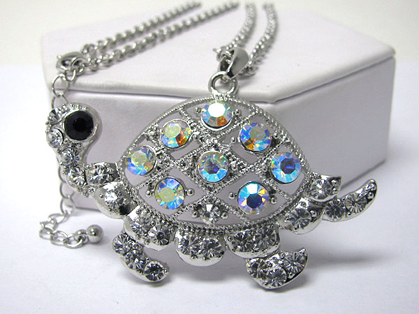 Multi crystal deco large turtle pendant long necklace