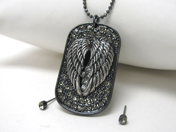 Angel wing and crystal stud dog tag style necklace earring set