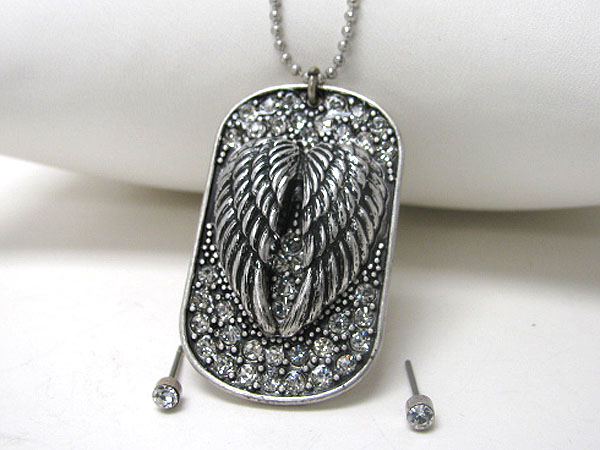 Angel wing and crystal stud dog tag style necklace earring set