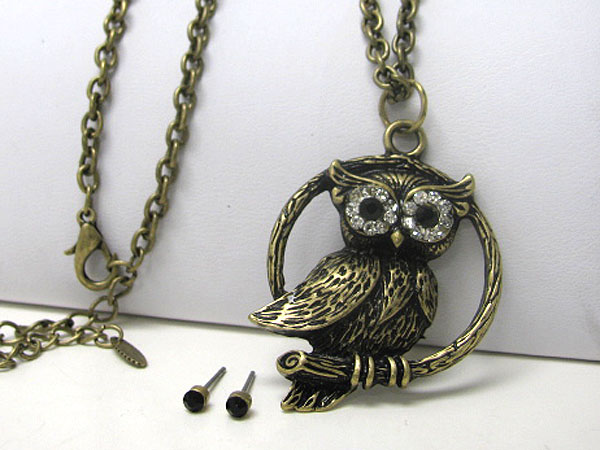 Crystal eyed owl pendant necklace earring set