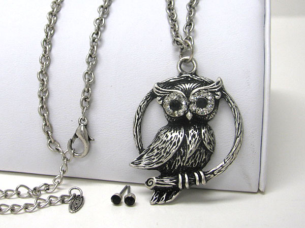 Crystal eyed owl pendant necklace earring set