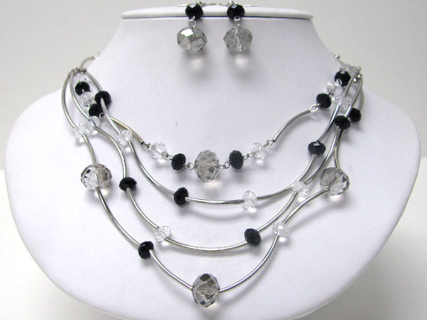 Facet glass and multi metal tube chain necklace earring set