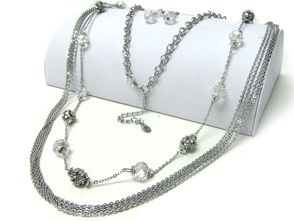 Multi metal chain and crystal and glass ball mix long necklace earring set