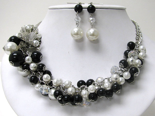 Multi pearl deco and metal flower accent necklace earring set