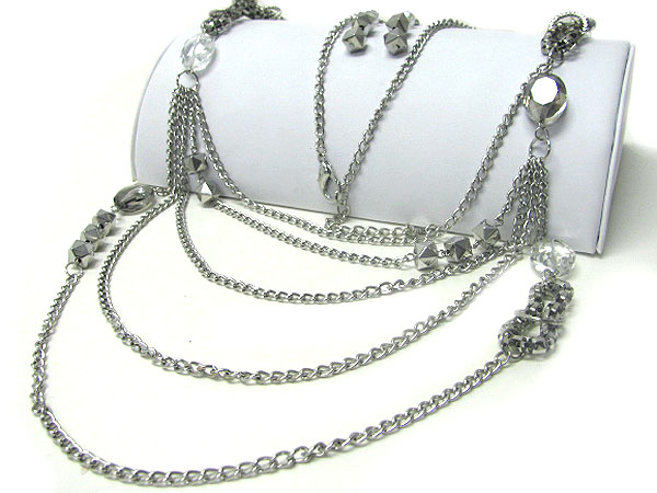 Multi layered metal chain and metal bead accent long necklace earring set