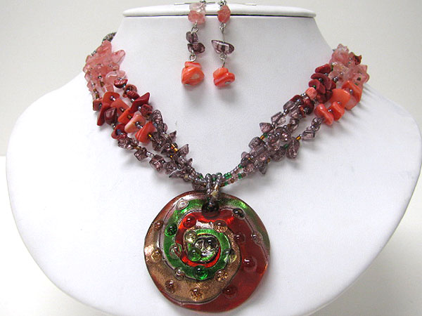 Eco friendly murano glass round pendant and chip stone necklace earring set