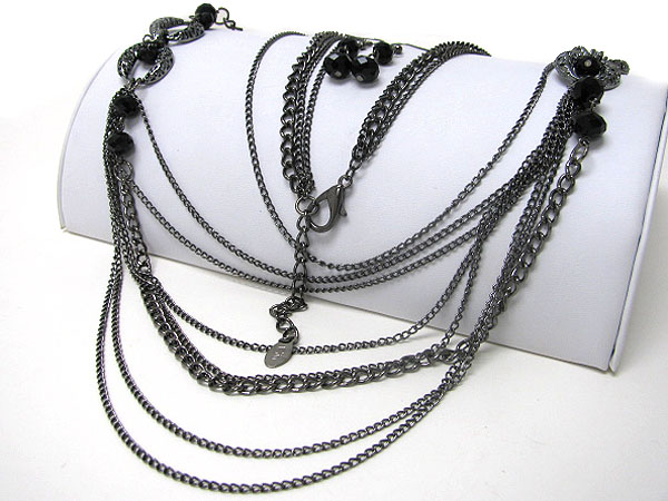 Multi layered metal chain long necklace earring set