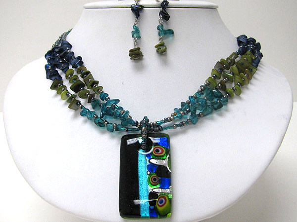 Murano glass pendant and multi strand mixed bead necklace earring set